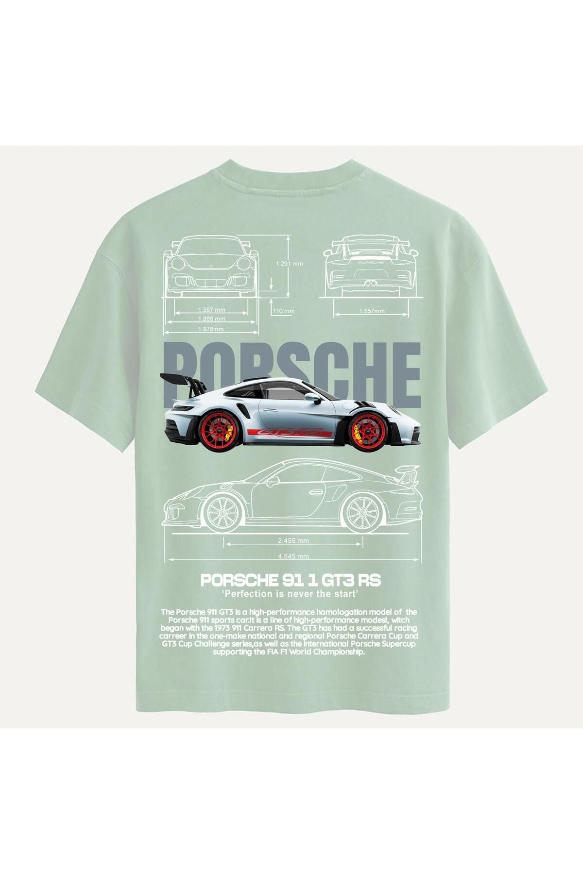 SOFTWAY Unisex Bisiklet Yaka %100 Organik Pamuklu Kalın Dokulu Porsche 911 gt3 rs Baskılı Oversize T-shirt -
