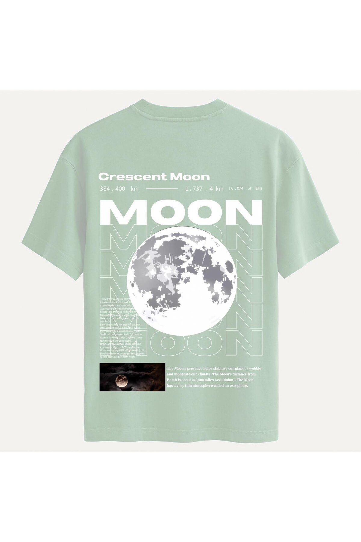 SOFTWAY Unisex Bisiklet Yaka %100 Organik Pamuklu Kalın Dokulu Moon Baskılı Oversize T-shirt - BEJ