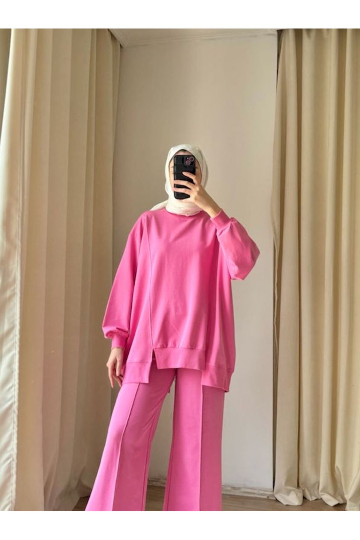 Suede Style 8902- 2 İplik Rahat Arkası Fermuarlı Kadın Uzun Sweatshirt