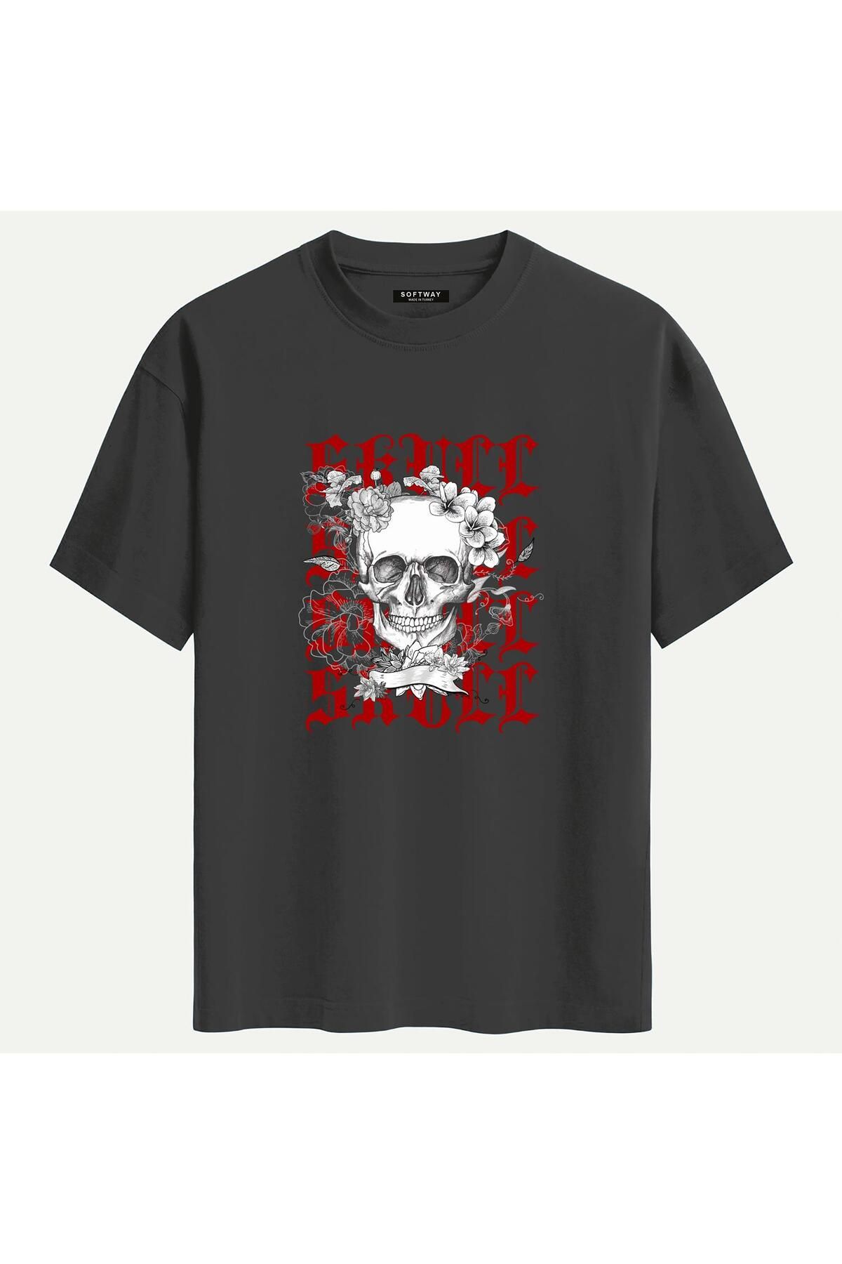SOFTWAY Unisex Bisiklet Yaka %100 Organik Pamuklu Kalın Dokulu Skull Baskılı Oversize T-shirt - FÜME