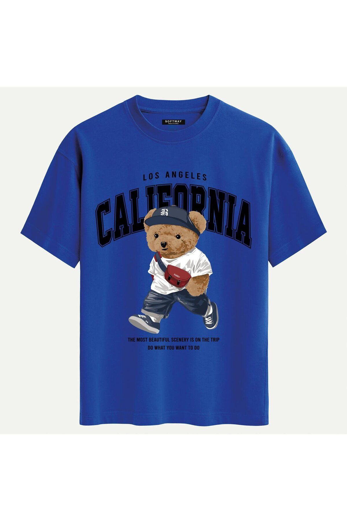 SOFTWAY Unisex Bisiklet Yaka %100 Organik Pamuklu Kalın Dokulu California Baskılı Oversize T-shirt - SAKS MA