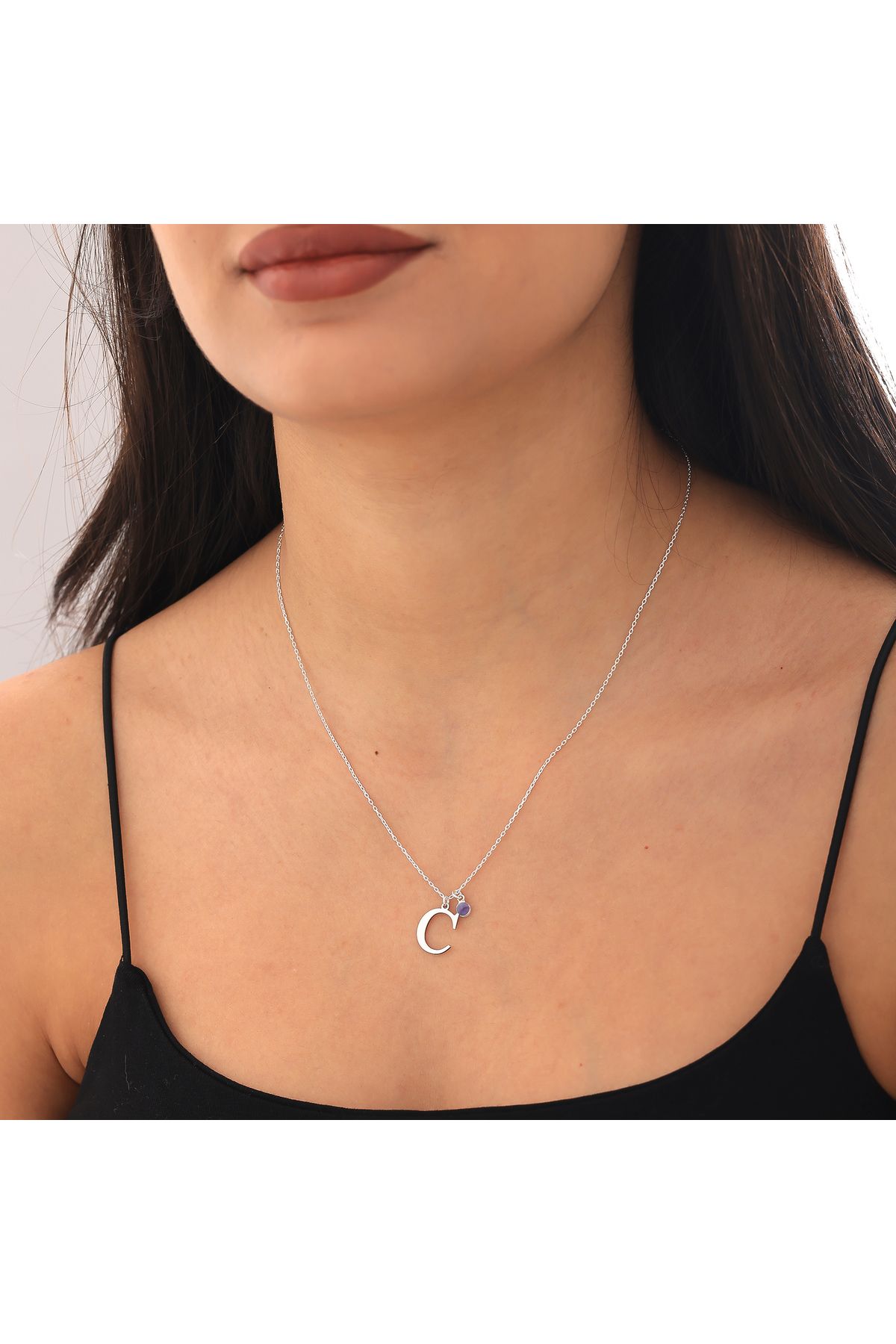neshely jewelry 925 Ayar Gümüş Zincirli C Harfli Şubat Ayı Amethyst Doğum Taşlı Kadın Gümüş Kolye