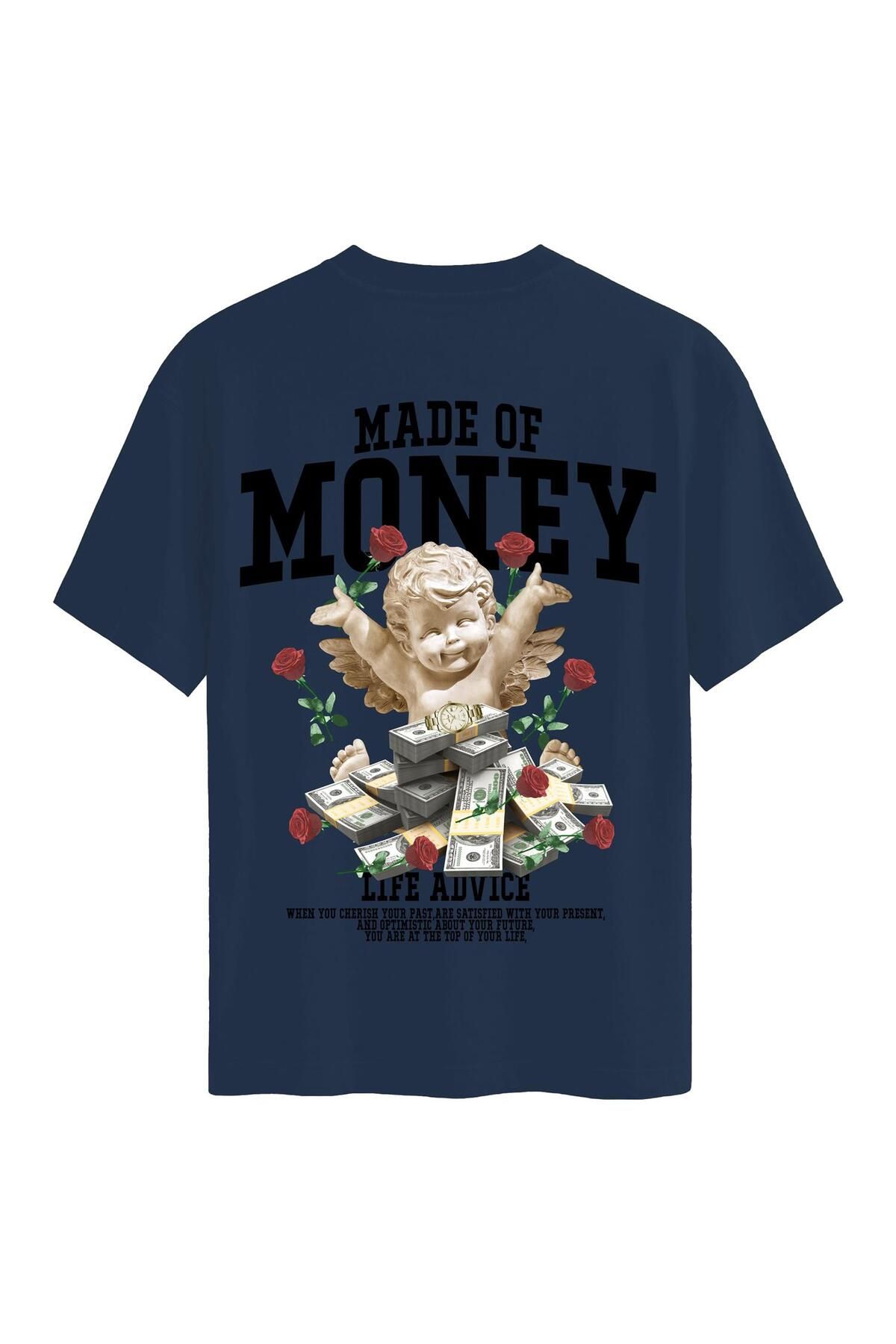 SOFTWAY Unisex Bisiklet Yaka %100 Organik Pamuklu Kalın Dokulu Made Of Money Baskılı Oversize T-shirt - LACİ
