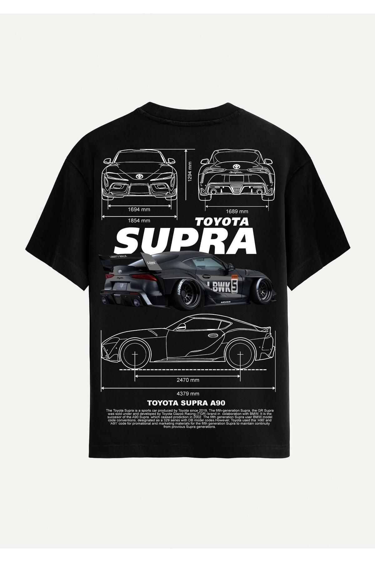 SOFTWAY Unisex Bisiklet Yaka %100 Organik Pamuklu Kalın Dokulu Toyota Supra A90 Baskılı Oversize T-shirt - S