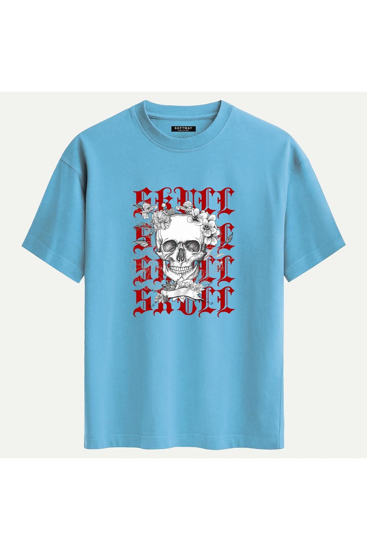 SOFTWAY Unisex Bisiklet Yaka %100 Organik Pamuklu Kalın Dokulu Skull Baskılı Oversize T-shirt - MAVİ