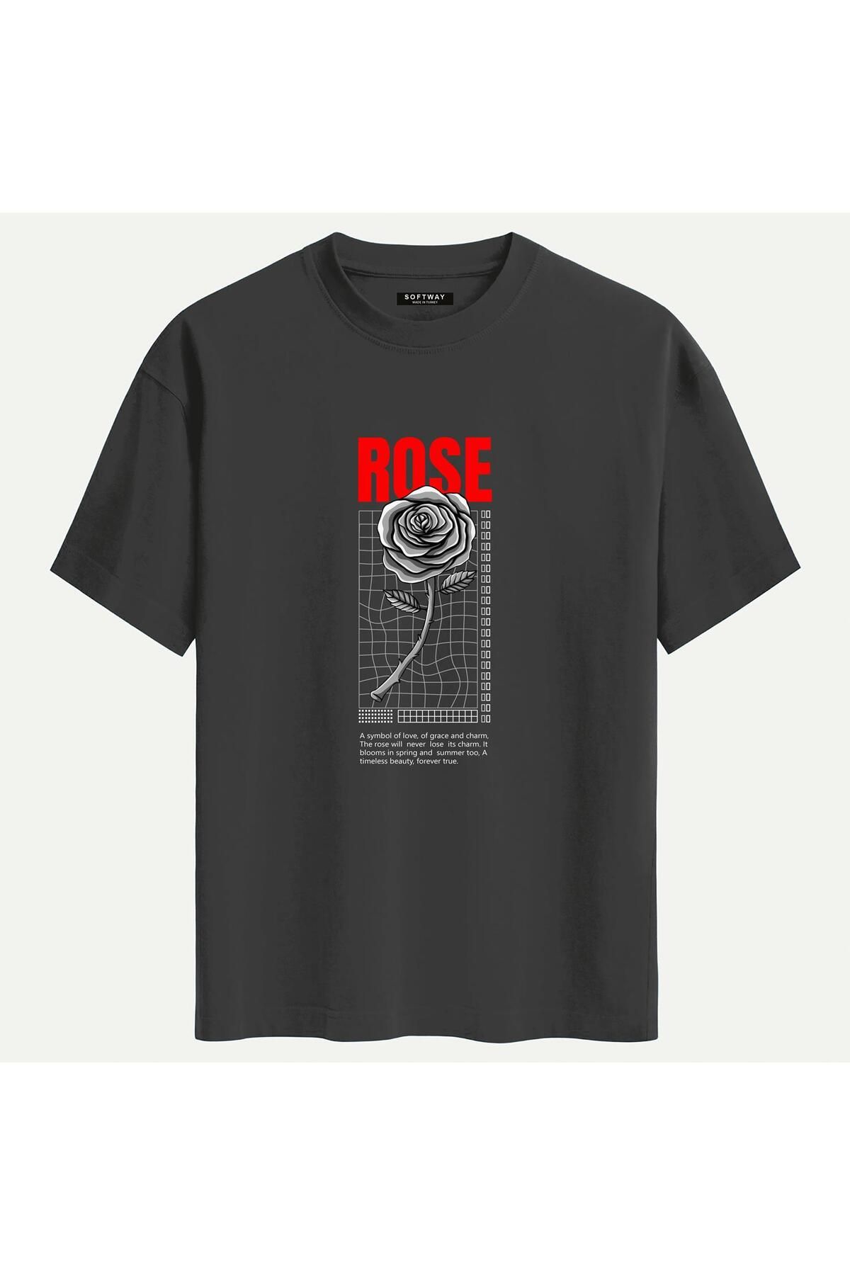 SOFTWAY Unisex Bisiklet Yaka %100 Organik Pamuklu Kalın Dokulu Rose Baskılı Oversize T-shirt - FÜME