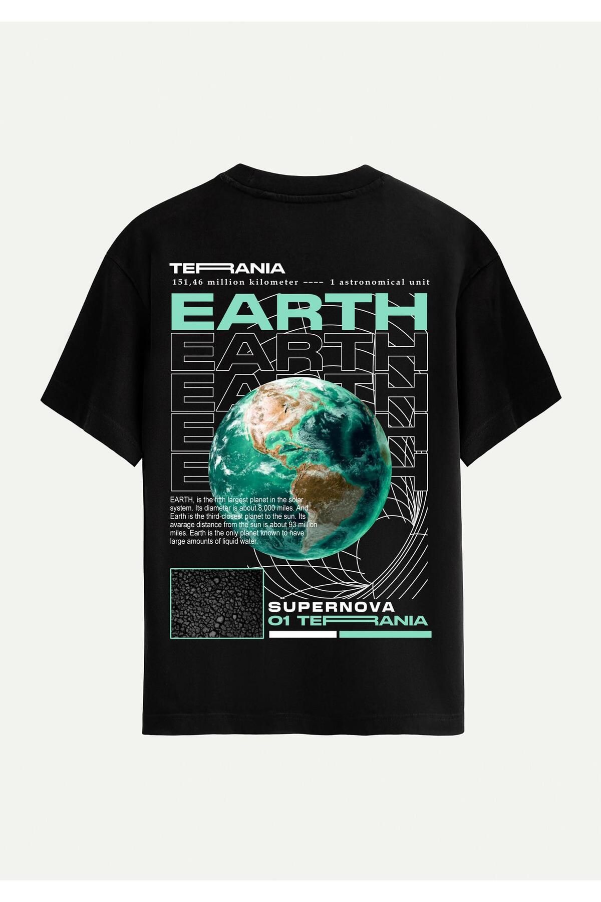 SOFTWAY Unisex Bisiklet Yaka %100 Organik Pamuklu Kalın Dokulu Earth Baskılı Oversize T-shirt - SİYAH