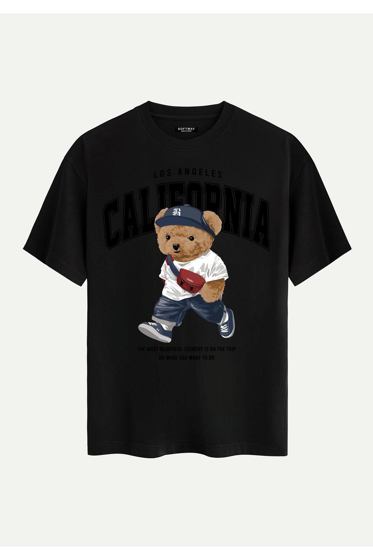 SOFTWAY Unisex Bisiklet Yaka %100 Organik Pamuklu Kalın Dokulu California Baskılı Oversize T-shirt - SİYAH