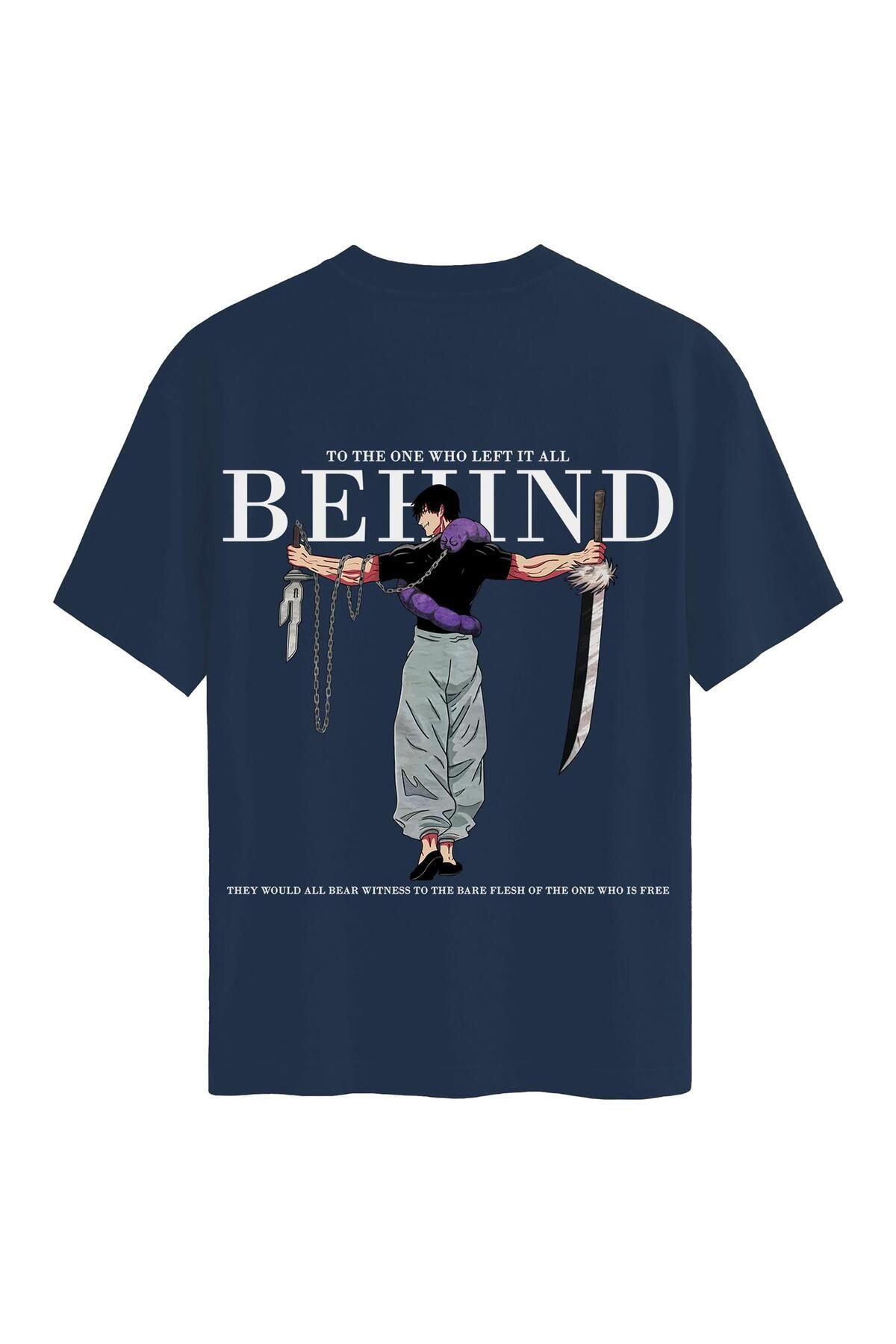 SOFTWAY Unisex Bisiklet Yaka %100 Organik Pamuklu Kalın Dokulu Behind Baskılı Oversize T-shirt - LACİVERT