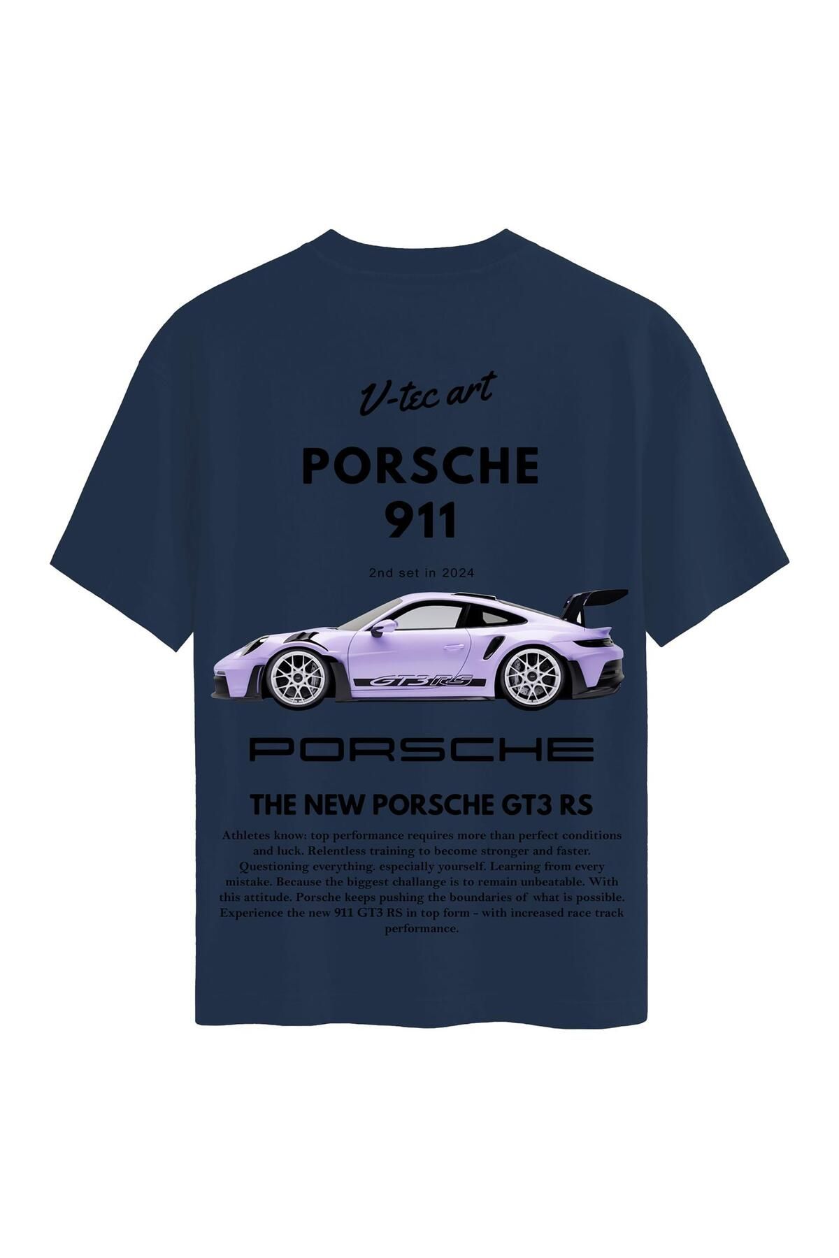 SOFTWAY Unisex Bisiklet Yaka %100 Organik Pamuklu Kalın Dokulu Porsche 911 Baskılı Oversize T-shirt - LACİVE