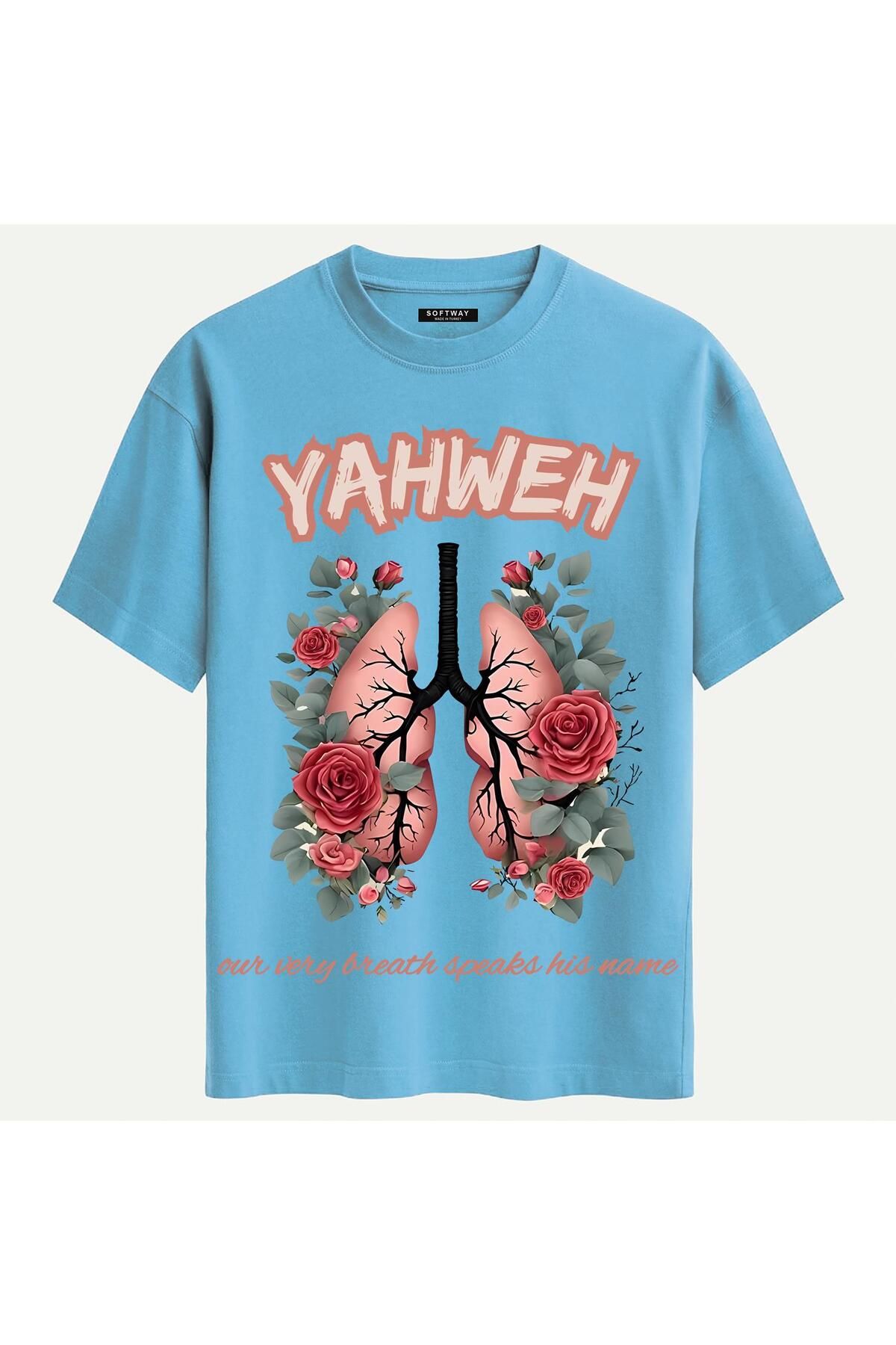 SOFTWAY Unisex Bisiklet Yaka %100 Organik Pamuklu Kalın Dokulu YAHWEH Baskılı Oversize T-shirt - MAVİ