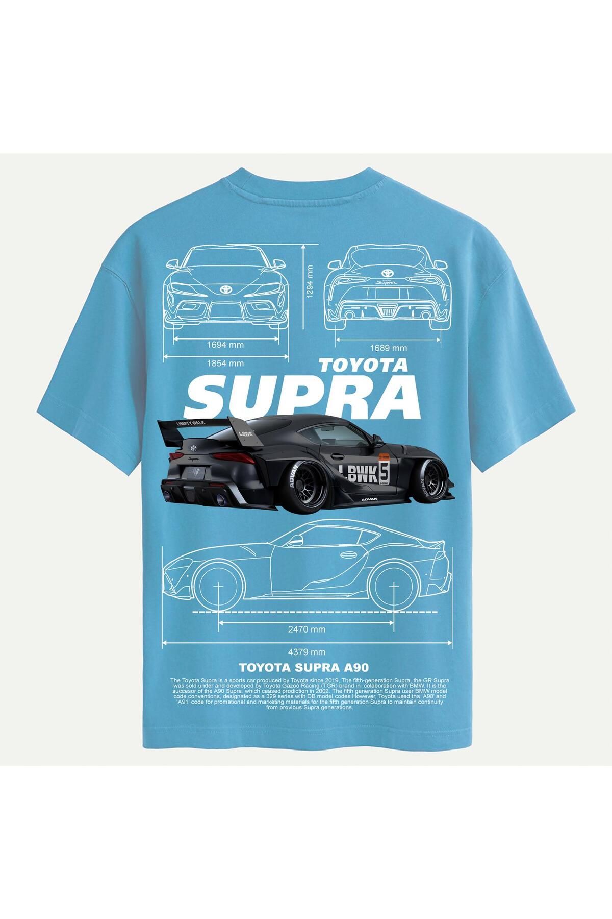 SOFTWAY Unisex Bisiklet Yaka %100 Organik Pamuklu Kalın Dokulu Toyota Supra A90 Baskılı Oversize T-shirt - M