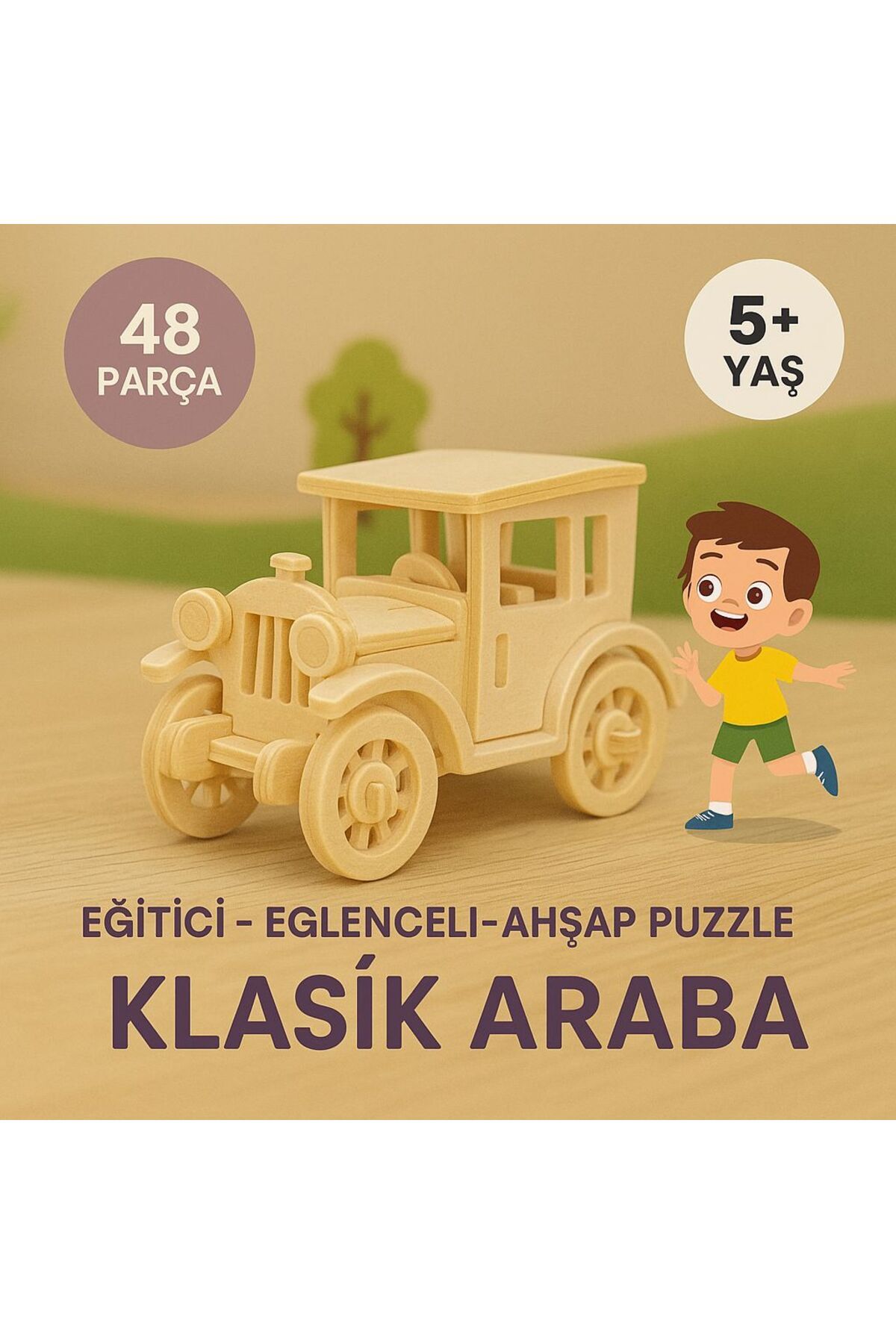 METROPOL 48 Parça Ahşap Klasik Araba Puzzle – Eğitici ve Eğlenceli 3D Ahşap Oyuncak