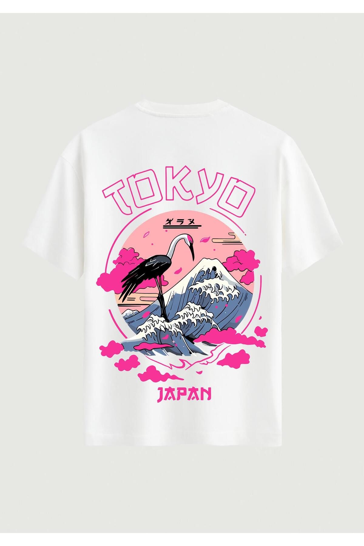 SOFTWAY Unisex Bisiklet Yaka %100 Organik Pamuklu Kalın Dokulu Tokyo Baskılı Oversize T-shirt - BEYAZ