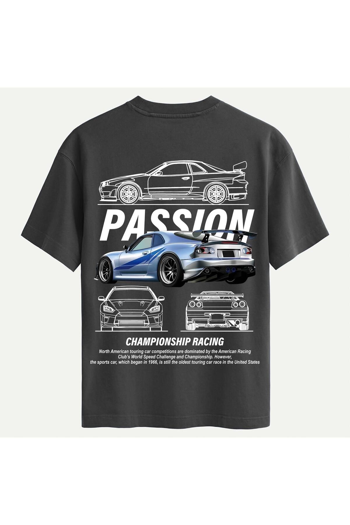SOFTWAY Unisex Bisiklet Yaka %100 Organik Pamuklu Kalın Dokulu Passion Baskılı Oversize T-shirt - FÜME