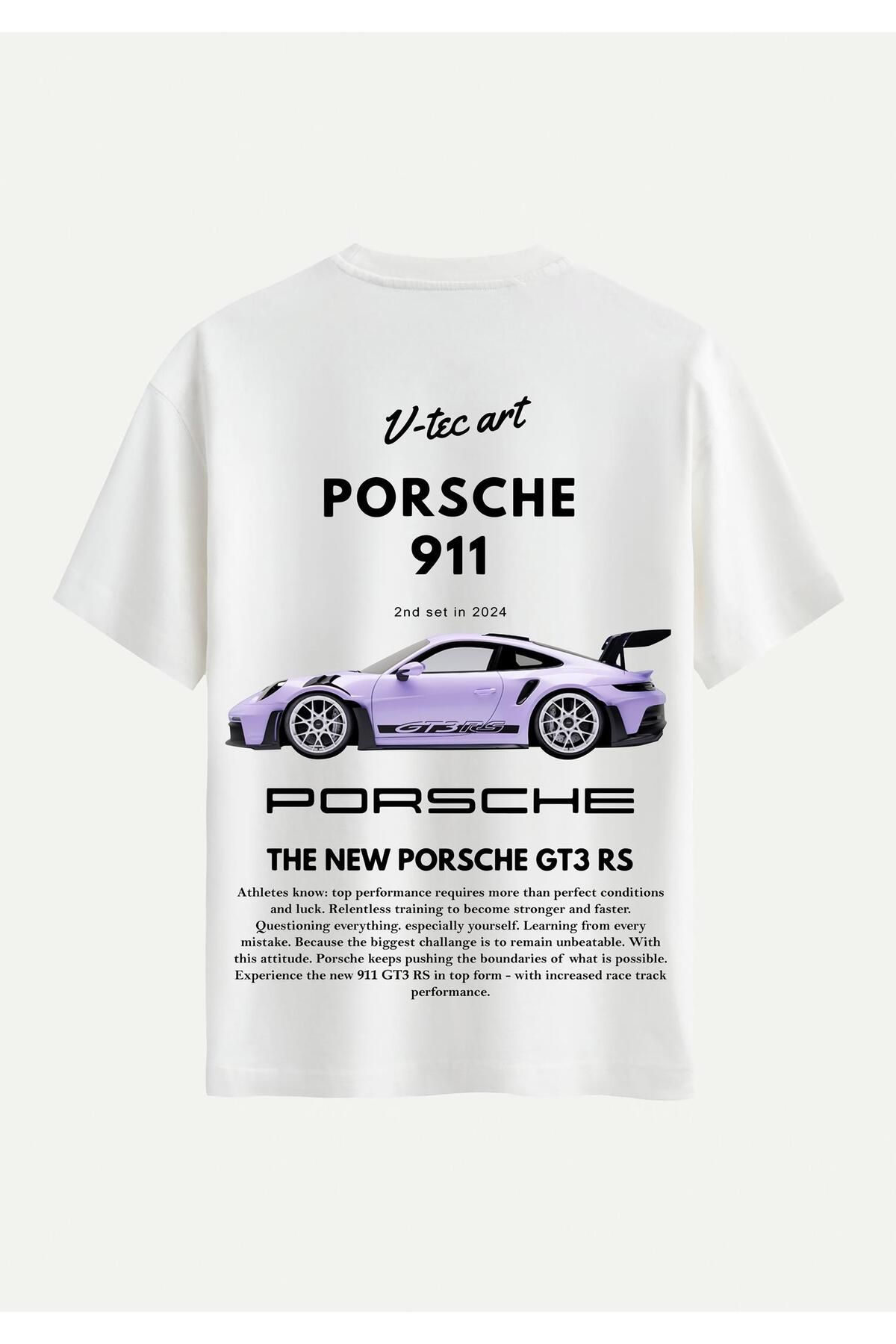 SOFTWAY Unisex Bisiklet Yaka %100 Organik Pamuklu Kalın Dokulu Porsche 911 Baskılı Oversize T-shirt - EKRU