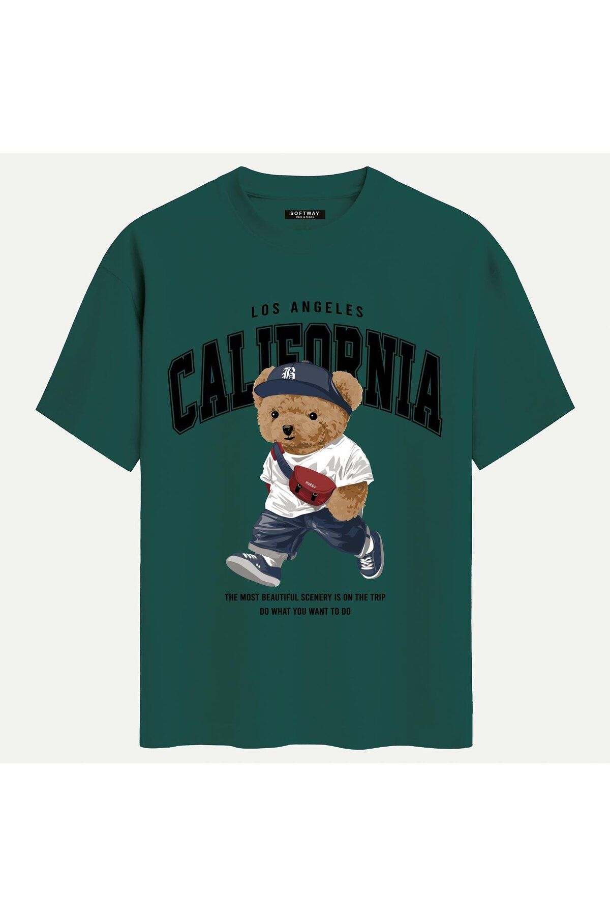 SOFTWAY Unisex Bisiklet Yaka %100 Organik Pamuklu Kalın Dokulu California Baskılı Oversize T-shirt - KOYU YE