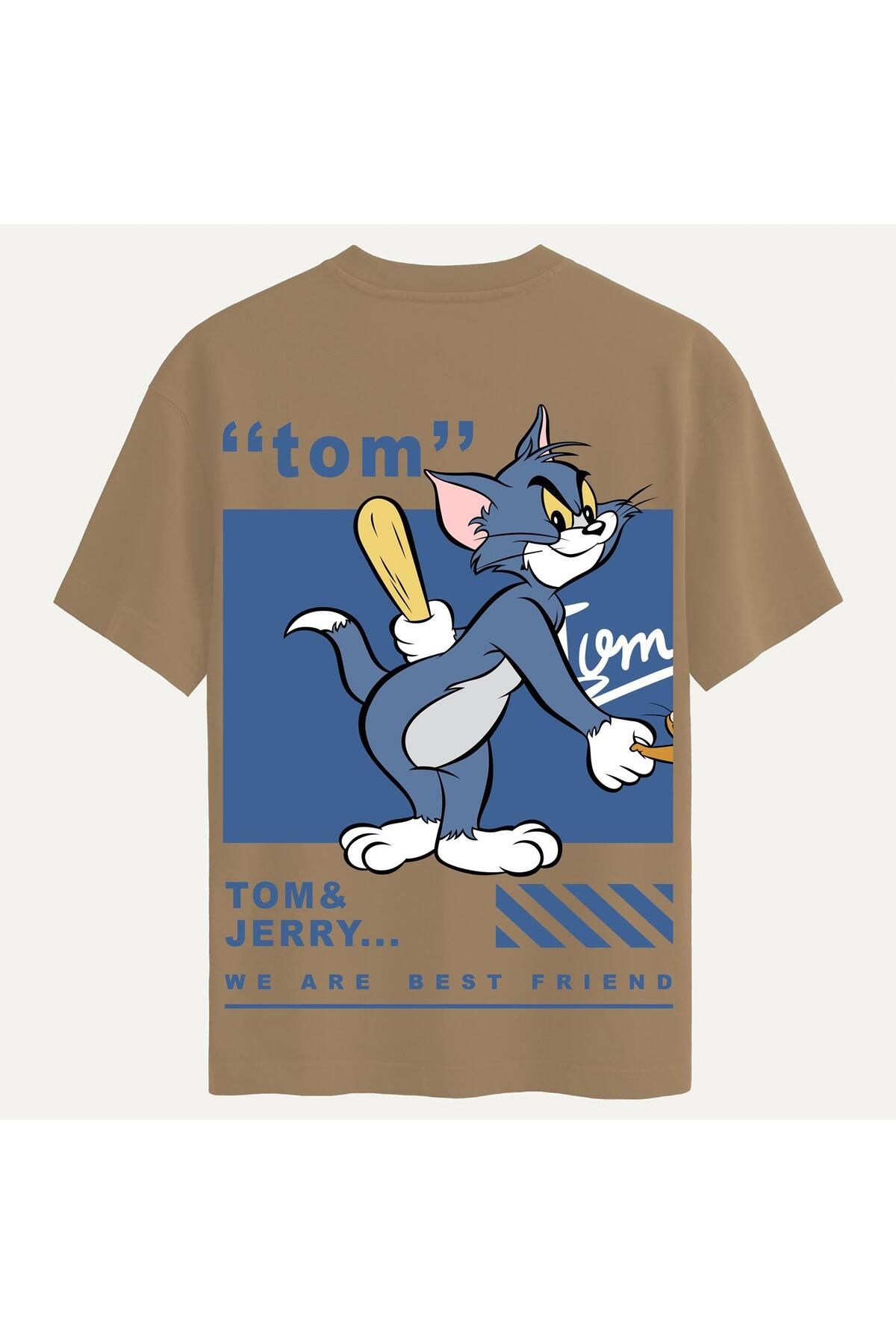 SOFTWAY Unisex Bisiklet Yaka %100 Organik Pamuklu Kalın Dokulu Tom Baskılı Oversize T-shirt - AÇIK KAHVERENG