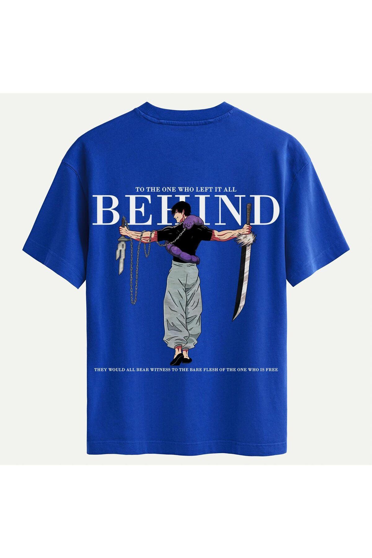 SOFTWAY Unisex Bisiklet Yaka %100 Organik Pamuklu Kalın Dokulu Behind Baskılı Oversize T-shirt - SAKS MAVİSİ
