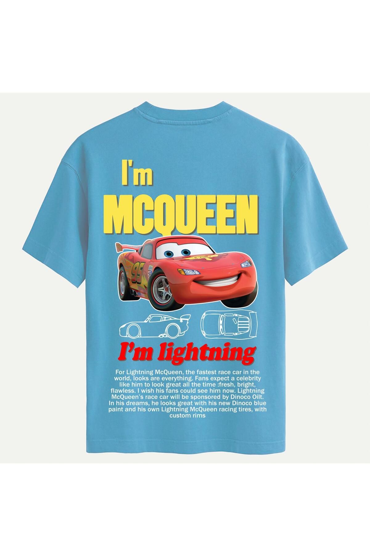 SOFTWAY Unisex Bisiklet Yaka %100 Organik Pamuklu Kalın Dokulu McQueen Baskılı Oversize T-shirt - MAVİ