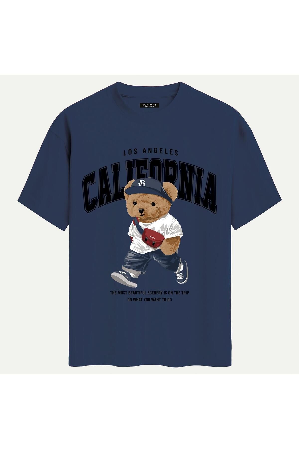 SOFTWAY Unisex Bisiklet Yaka %100 Organik Pamuklu Kalın Dokulu California Baskılı Oversize T-shirt - LACİVER