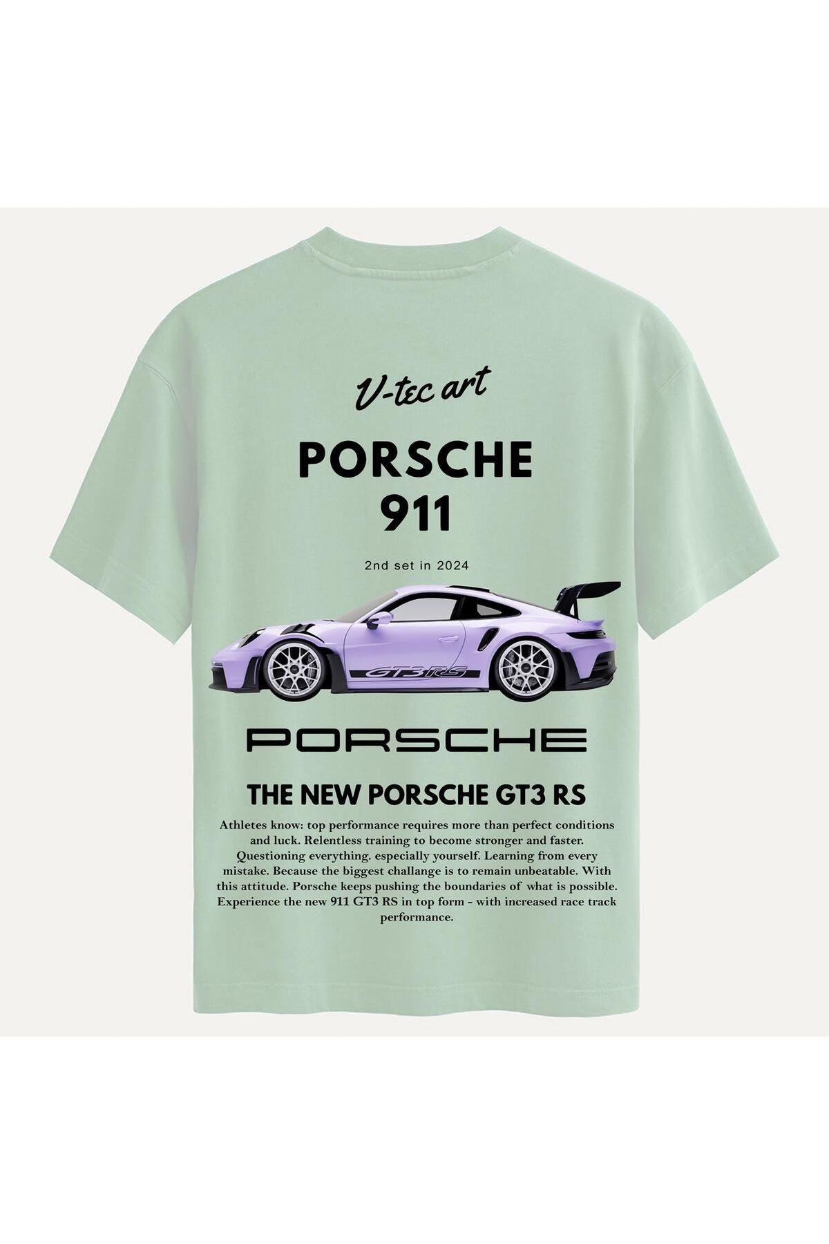 SOFTWAY Unisex Bisiklet Yaka %100 Organik Pamuklu Kalın Dokulu Porsche 911 Baskılı Oversize T-shirt - BEJ