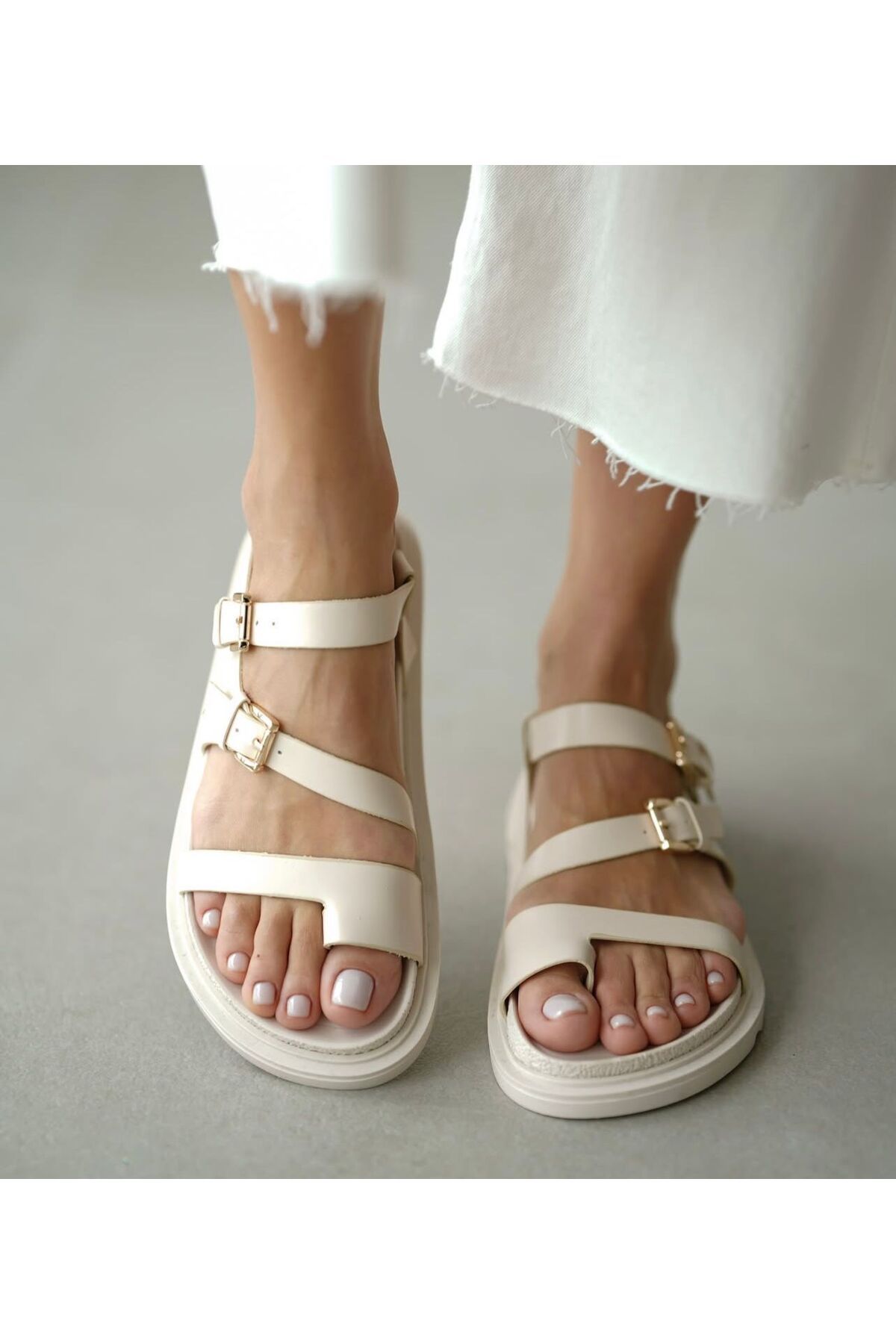 diya shoes Kadın siyah tokalı parmak arası günlük konforlu sandalet