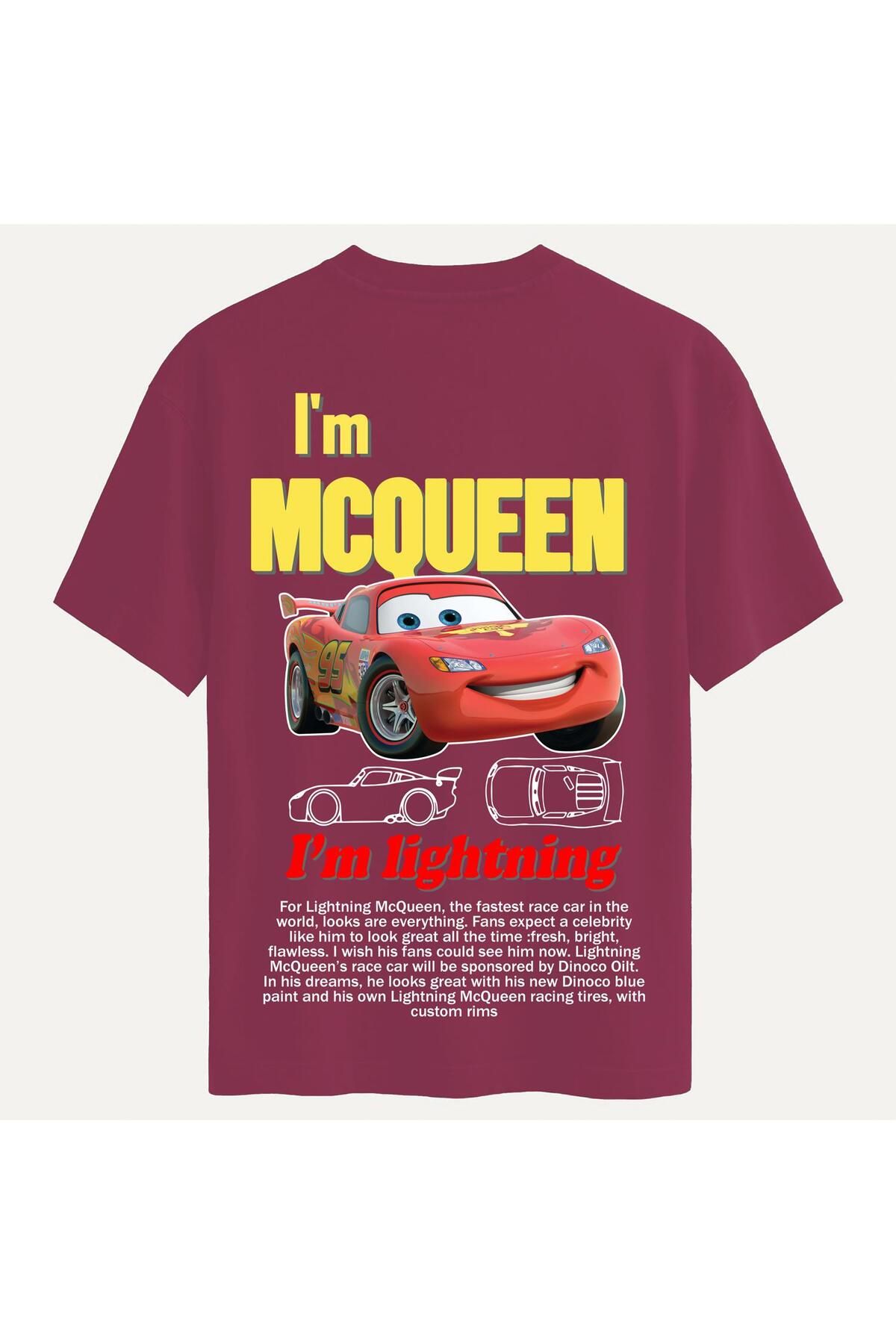 SOFTWAY Unisex Bisiklet Yaka %100 Organik Pamuklu Kalın Dokulu McQueen Baskılı Oversize T-shirt - BORDO