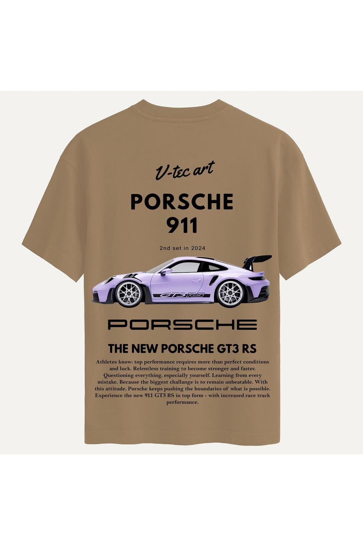 SOFTWAY Unisex Bisiklet Yaka %100 Organik Pamuklu Kalın Dokulu Porsche 911 Baskılı Oversize T-shirt - AÇIK K
