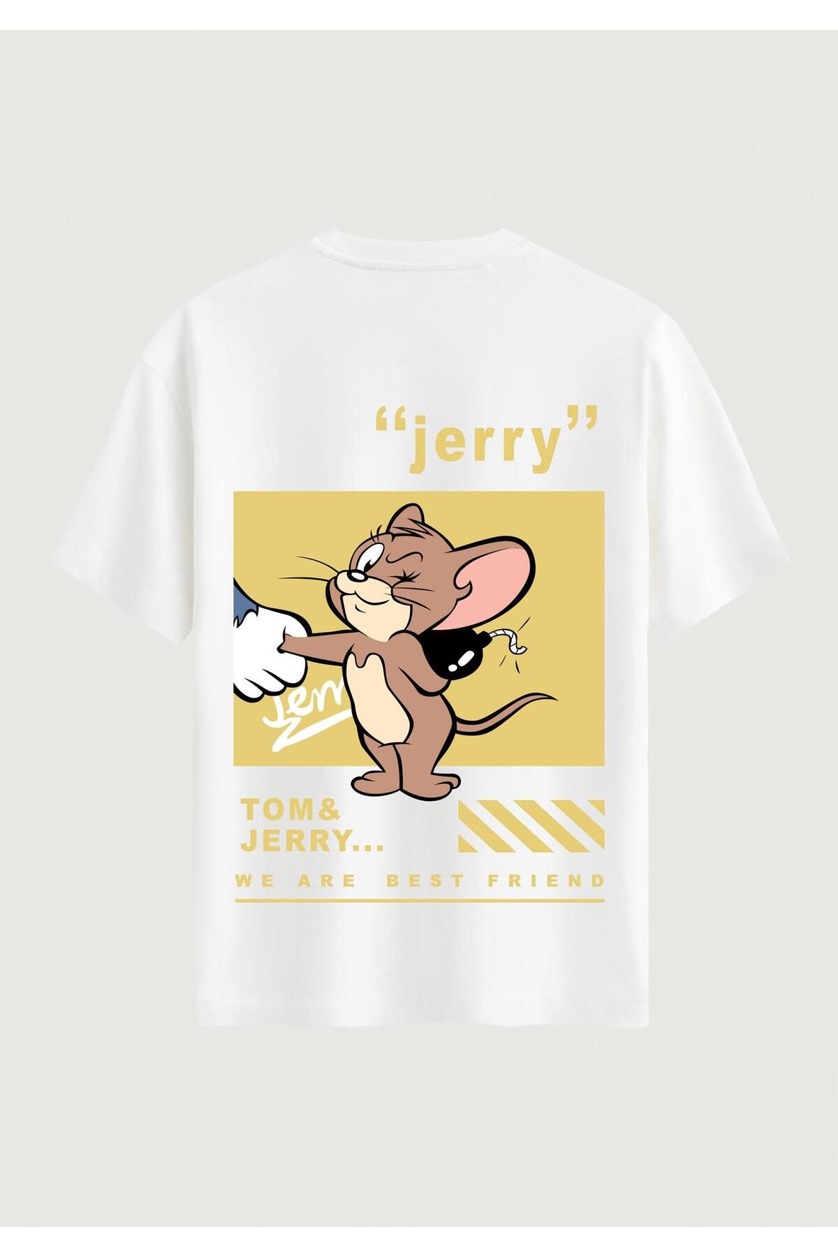 SOFTWAY Unisex Bisiklet Yaka %100 Organik Pamuklu Kalın Dokulu Jerry Baskılı Oversize T-shirt - BEYAZ