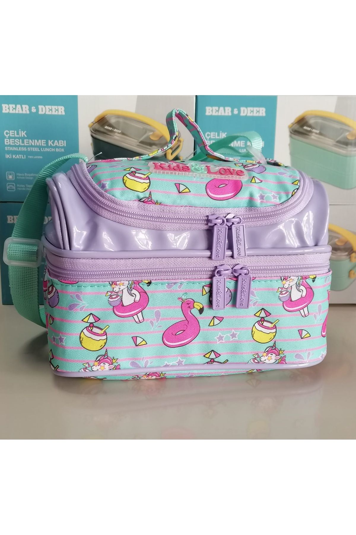 KAUKKO KidsLove Beslenme Çantası THERMO 2 katlı MOR YEŞİLPEMBE