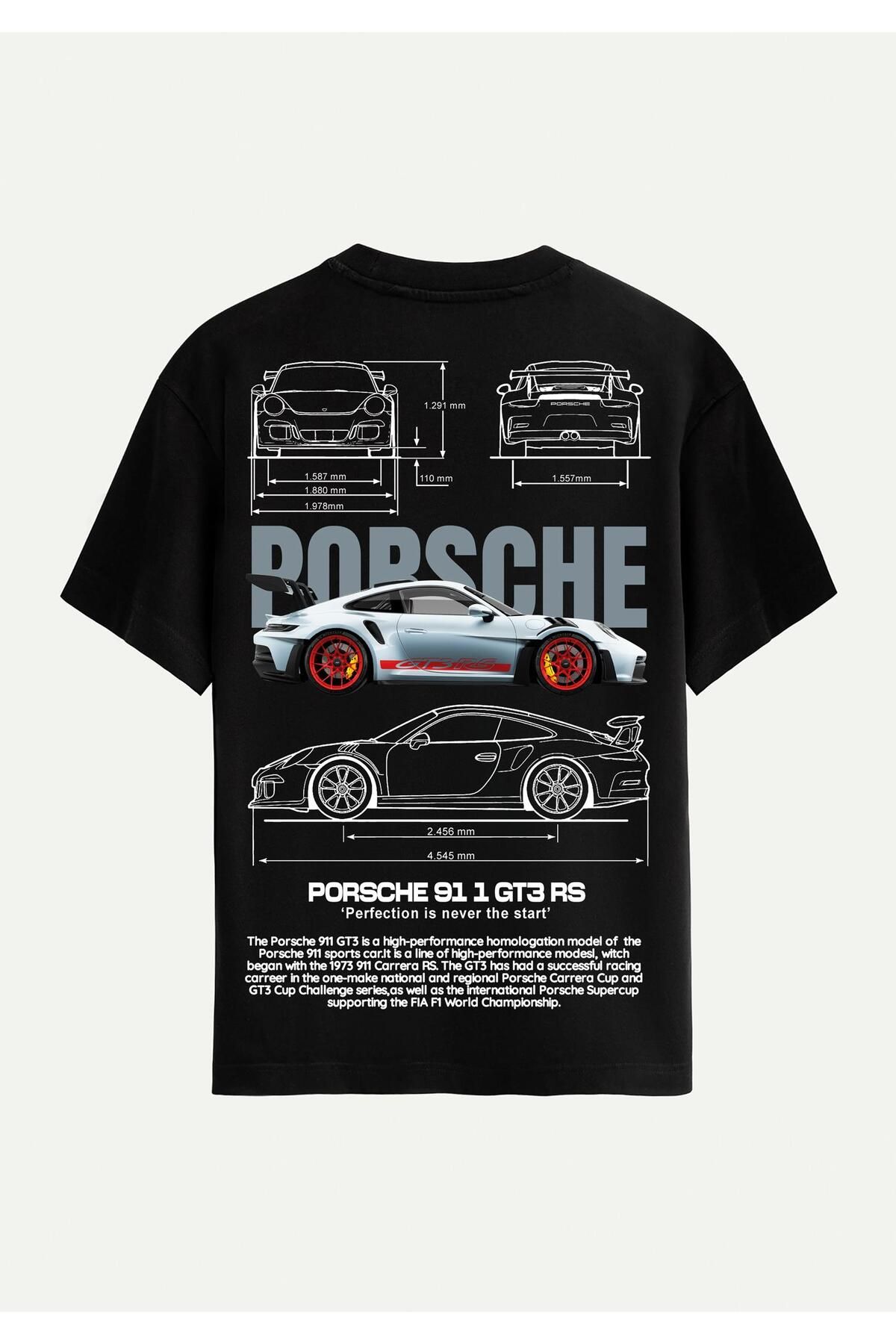 SOFTWAY Unisex Bisiklet Yaka %100 Organik Pamuklu Kalın Dokulu Porsche 911 gt3 rs Baskılı Oversize T-shirt -