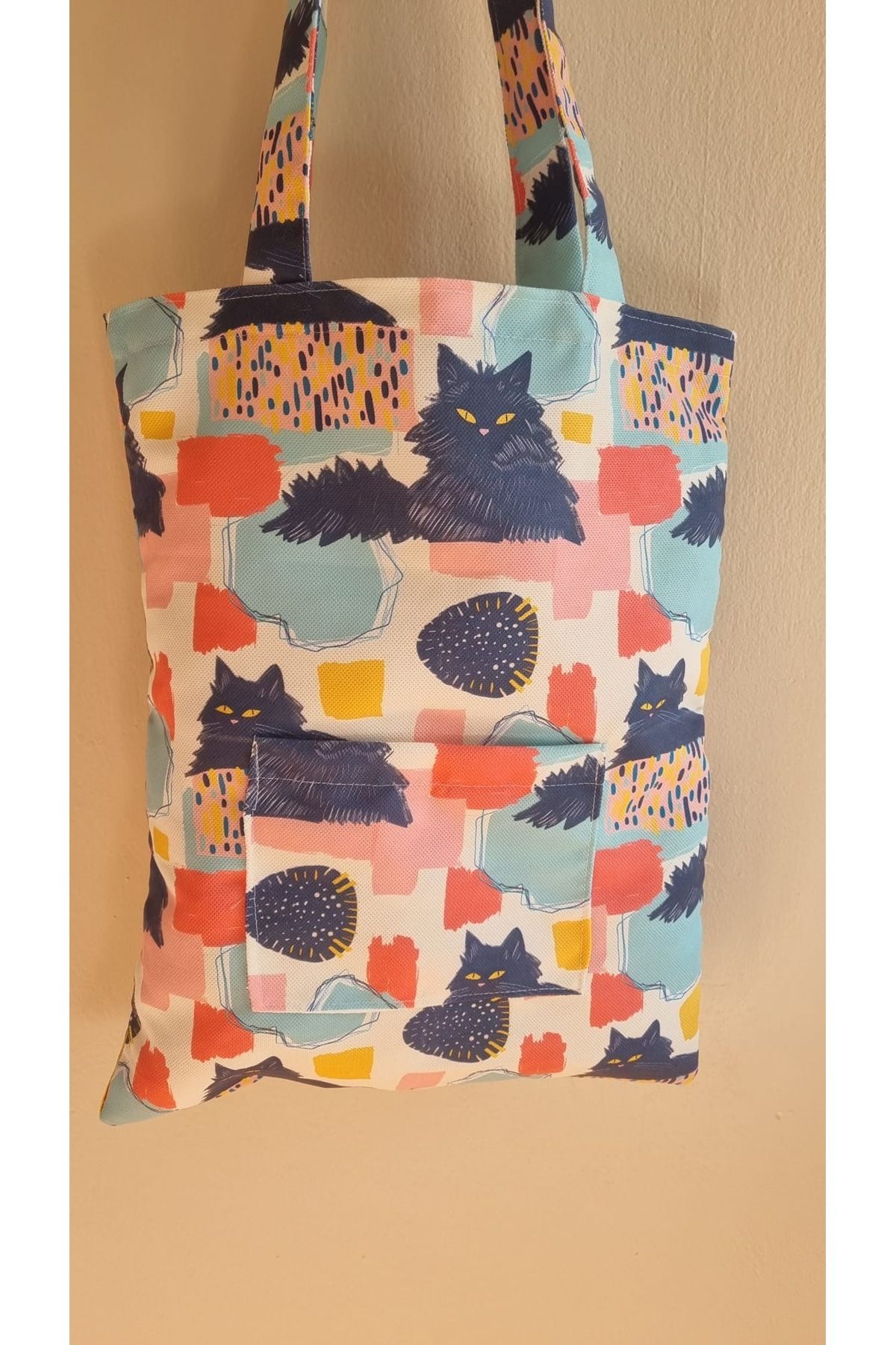 homecandleglow Kedi Desenli Bez Çanta, Çevre Dostu Çanta, Cep Detaylı Kol ve Omuz Çantası, Alışveriş,Plaj