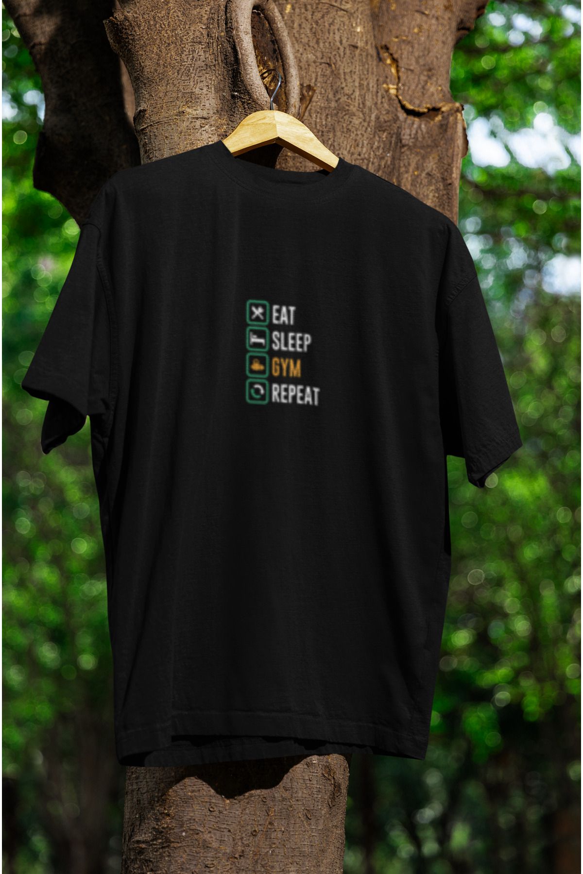MG EAT SLEEP GYM REPEAT BASKILI UNISEX BİSİKLET YAKA PAMUKLU OVERSIZE KALIP KISA KOLLU T-SHIRT