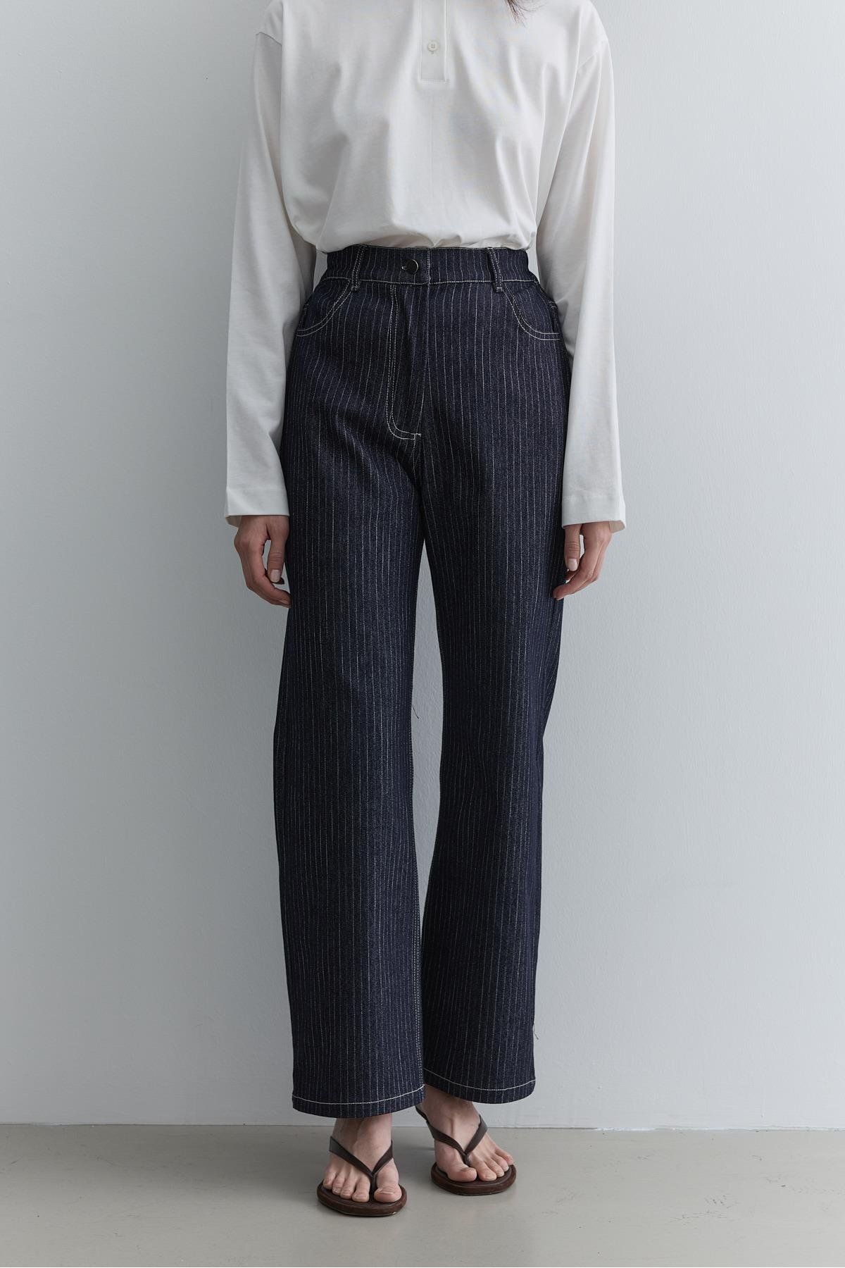 Fahhar Çizgili Straight Denim Pantolon Lacivert