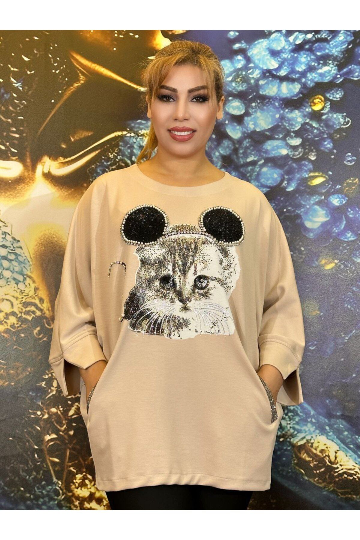Yeşilmoda bluz,kadin,yüksek kalite,Yarasa kollu,Krem rengi,Üç iplikli pamuklu,Kedi desenli, Taşli işlemeli