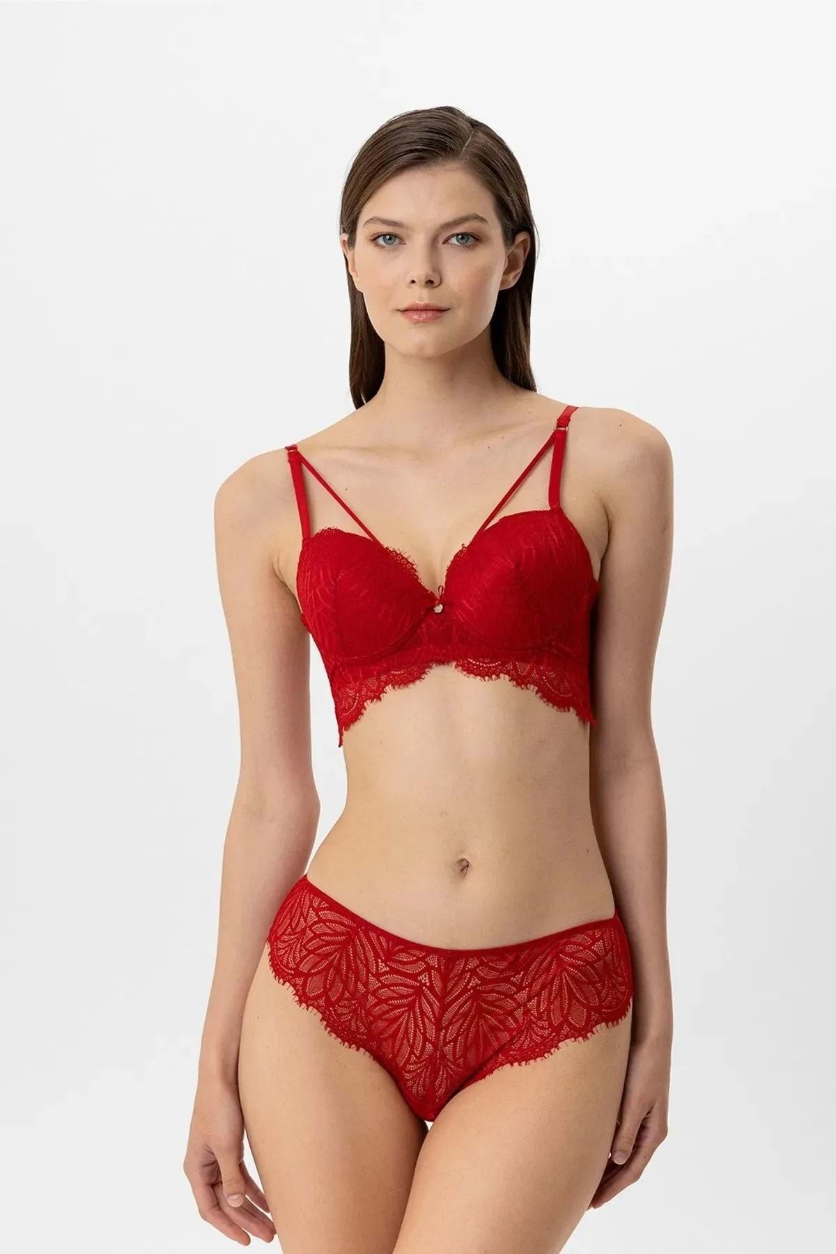 Pierre Cardin 4885 Milan Push Up Kaplı Dantelli Sütyen Takım KIRMIZI