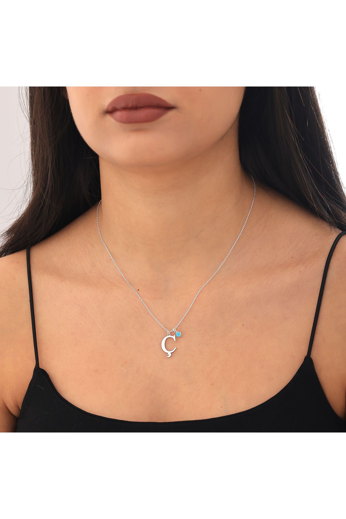 neshely jewelry 925 Ayar Gümüş Zincirli Ç Harfli Aralık Ayı Blue Topaz Doğum Taşlı Kadın Gümüş Kolye