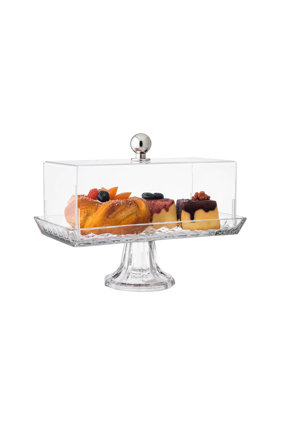 ABAREEK-Glass serving platter with base for sweets, fruits and nuts, multi-purpose, clear rectangular shape with acrylic cover 2