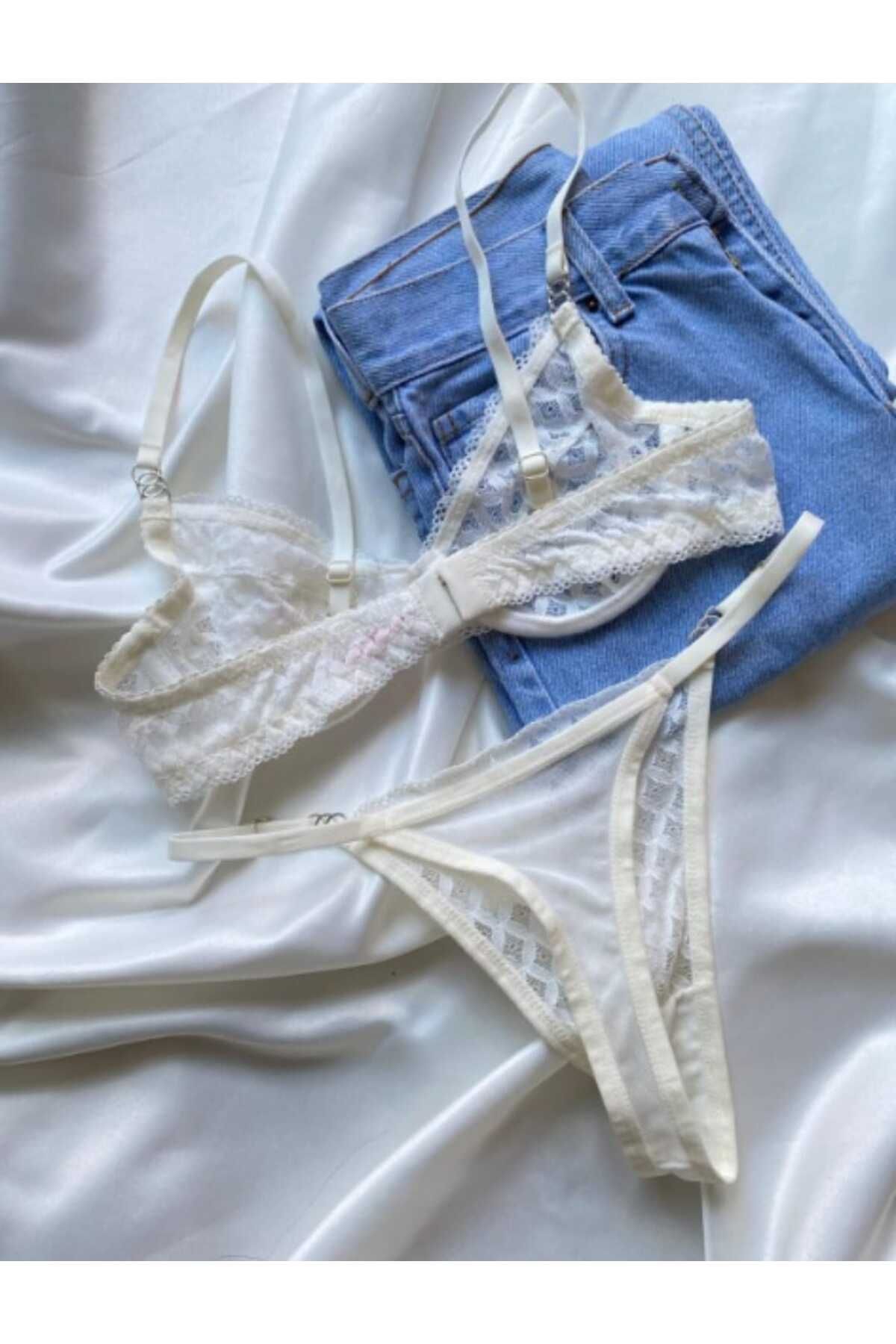 unbranded Privée Beyaz Dantelli Balenli Tül Bralet Takımı