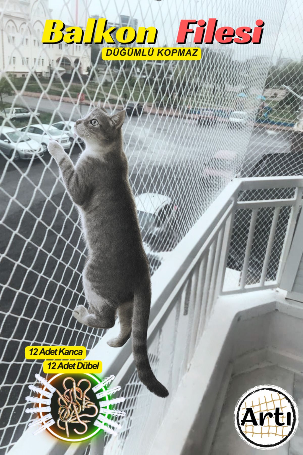 Artı 🐱kedi Balkon Filesi 2,5x5m – Uv Dayanıklı Beyaz File, Kedi Ve Kuş Koruma Ağı Kanca & Dübel Dahil