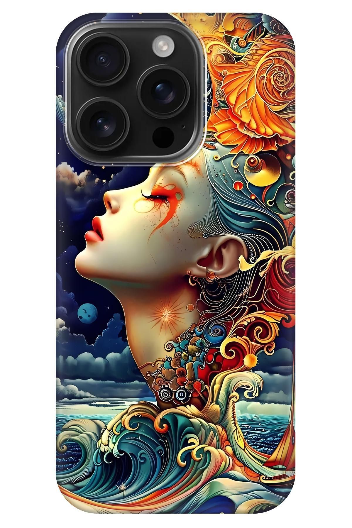 Lopard Apple iPhone 16 Pro Max Silikon Kılıf Covers 34 Kadın Ay İllustrasyon Turuncu