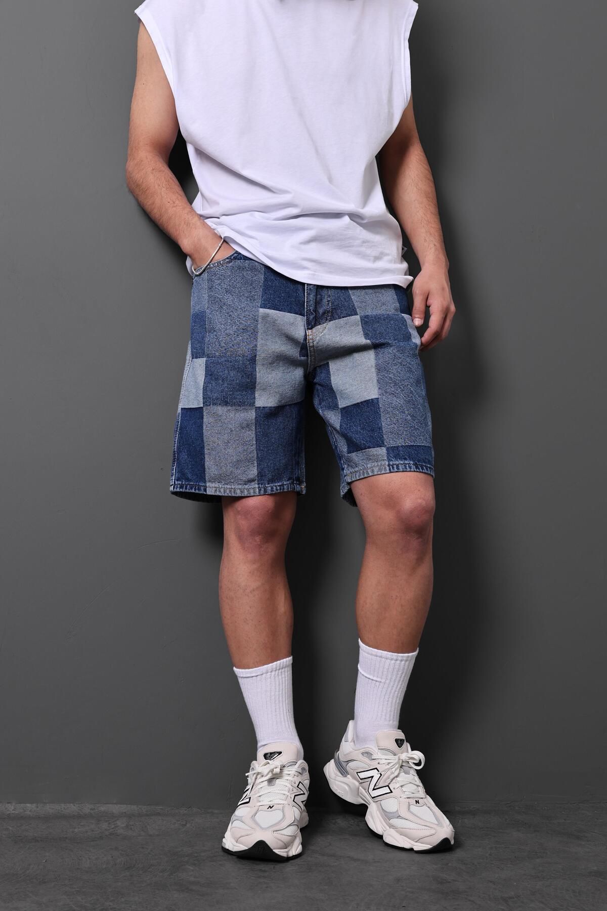 Slatra Erkek Mavi Damalı Diz Üstü Denim Şort