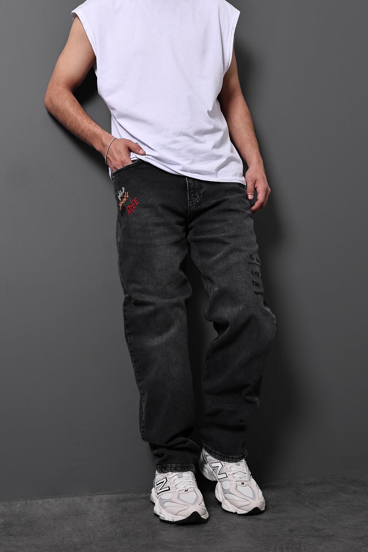 Slatra Erkek Siyah Wild Young Nakışlı Taşlı Baggy Pantolon