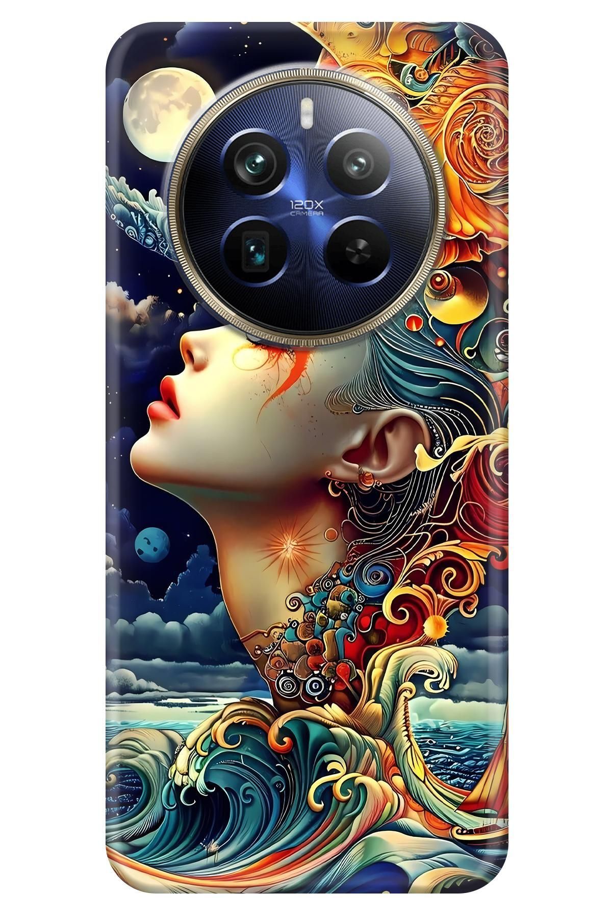 Lopard Realme 12 4G Silikon Kılıf Covers 34 Kadın Ay İllustrasyon Turuncu