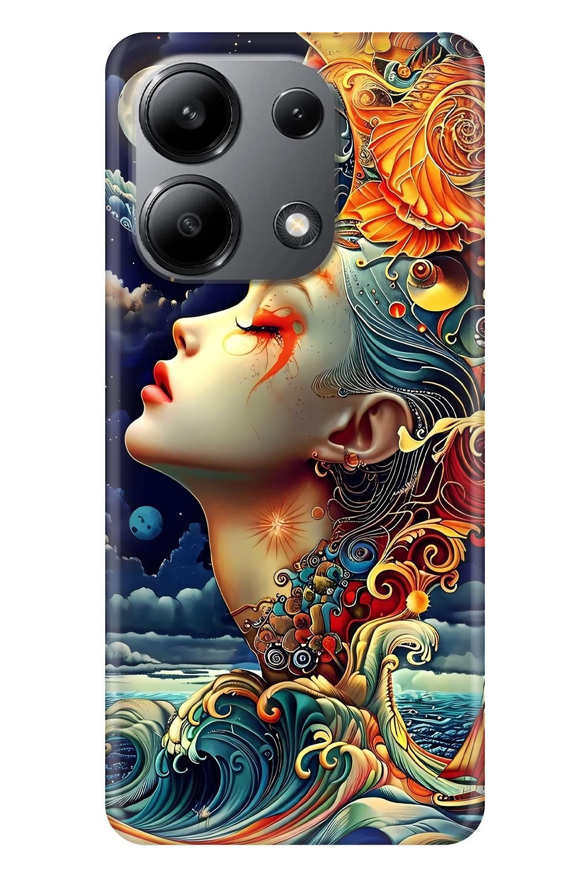 Lopard Xiaomi Redmi Note 13 4G Silikon Kılıf Covers 34 Kadın Ay İllustrasyon Turuncu