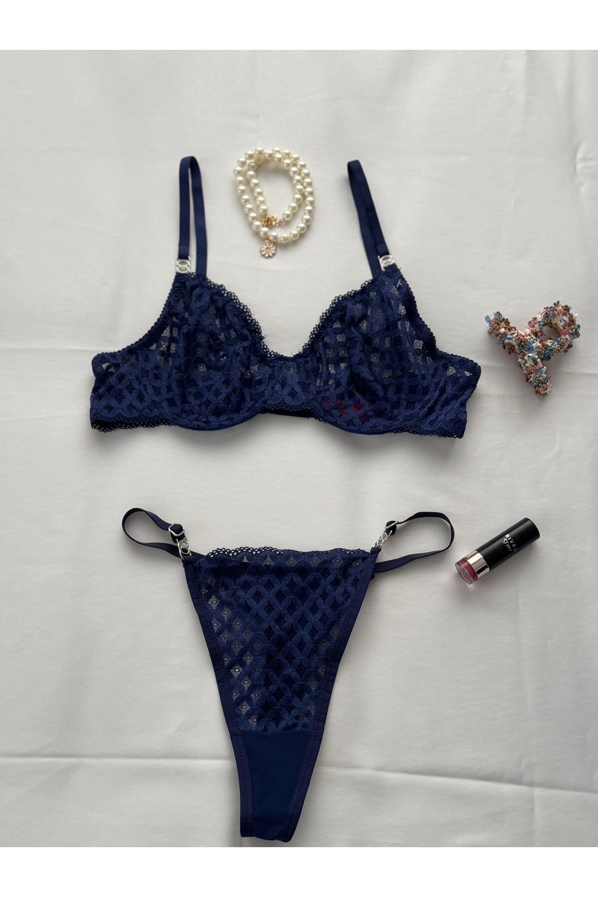 unbranded privée lacivert balenli dantelli tül bralet takımı