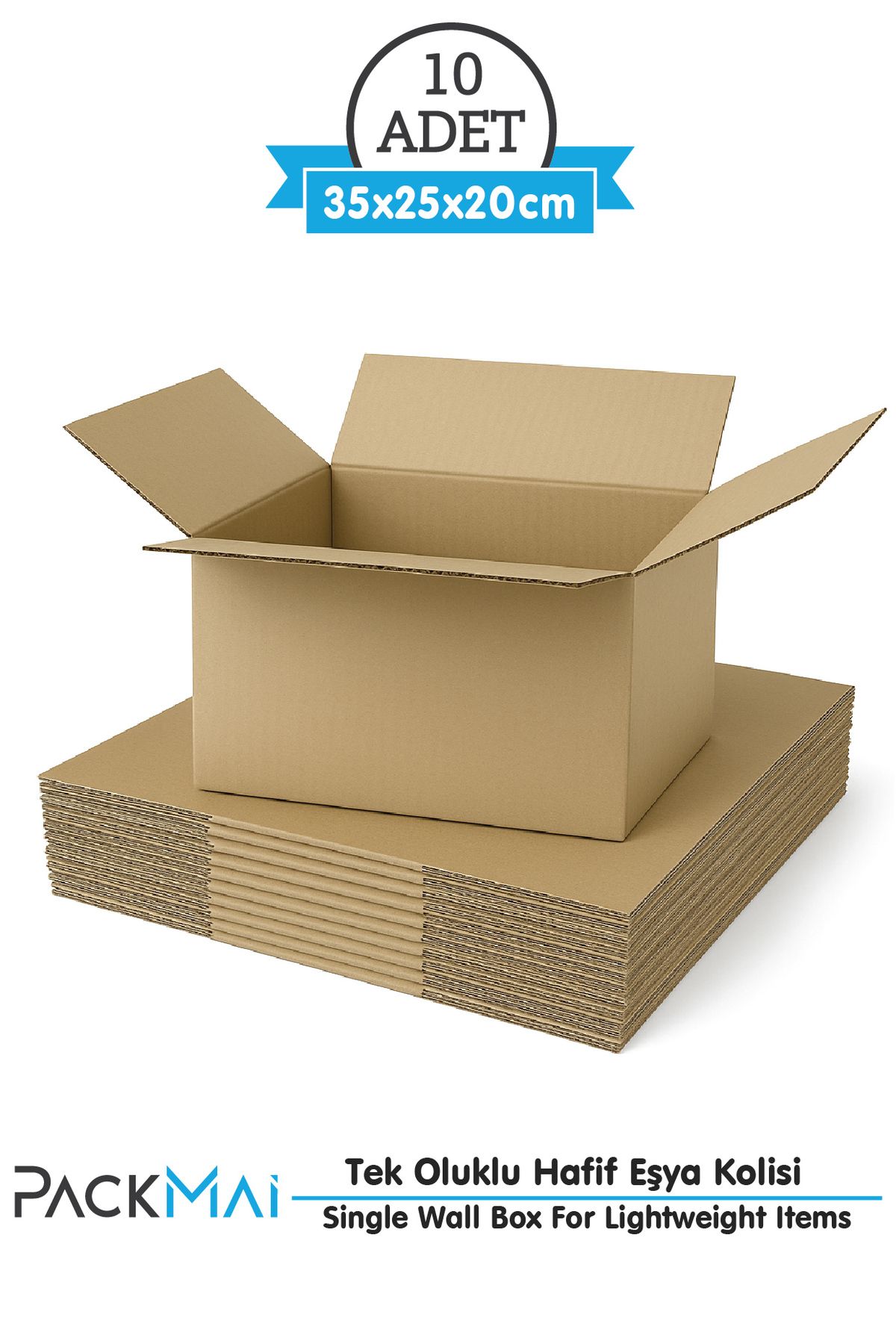 PackMai 35x25x20 cm Koli-Kutu | 10 ADET | Hafif Eşya Kolisi Tek Oluklu 3mm Karton Kutu