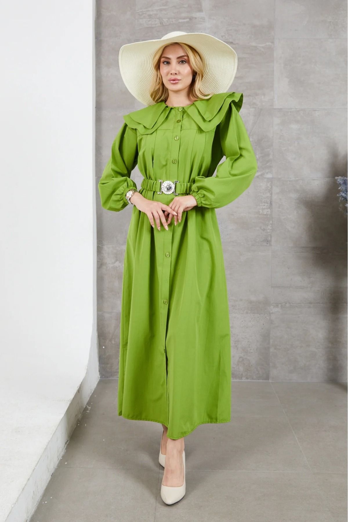 DAS KLEID Kemerli Elbise YAĞ YEŞİLİ