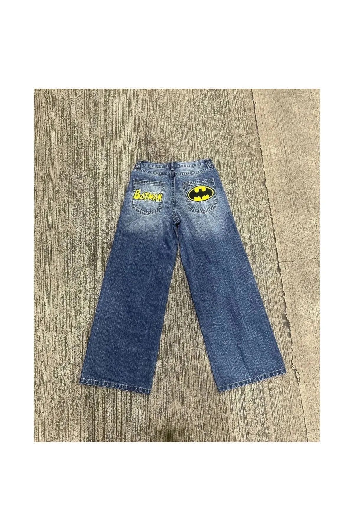 Karakedi Nakışlı Batman Retro Mavi Baggy Kot Pantolon